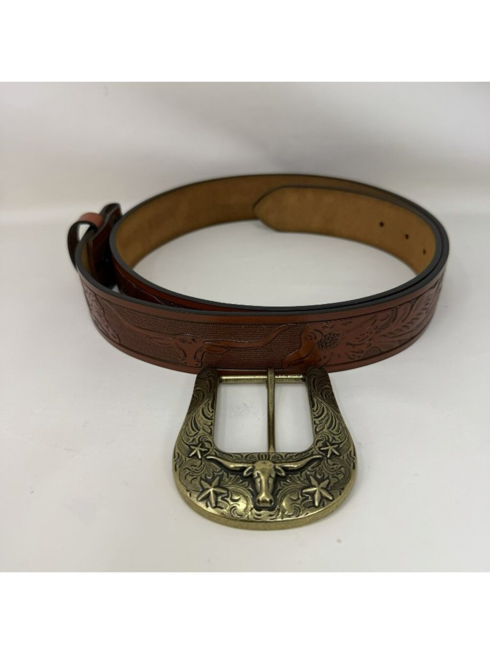 Chaoren Embroidered Western Leather Cowboy Buckle Belt Brown Mens